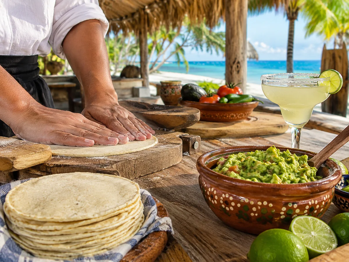Hände pressen frische Maistortillas neben Guacamole und einer Margarita
