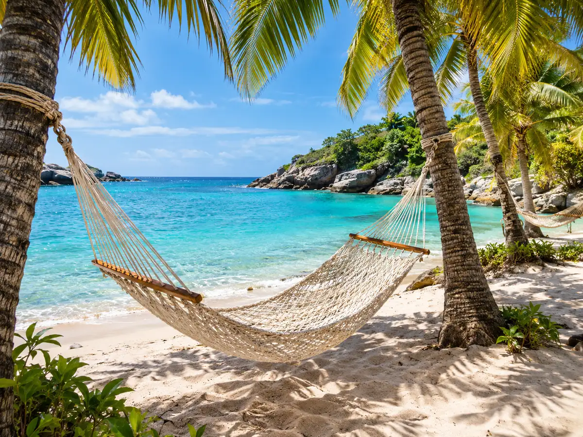 Eine Seilhängematte zwischen Palmen an einem sonnigen tropischen Strand