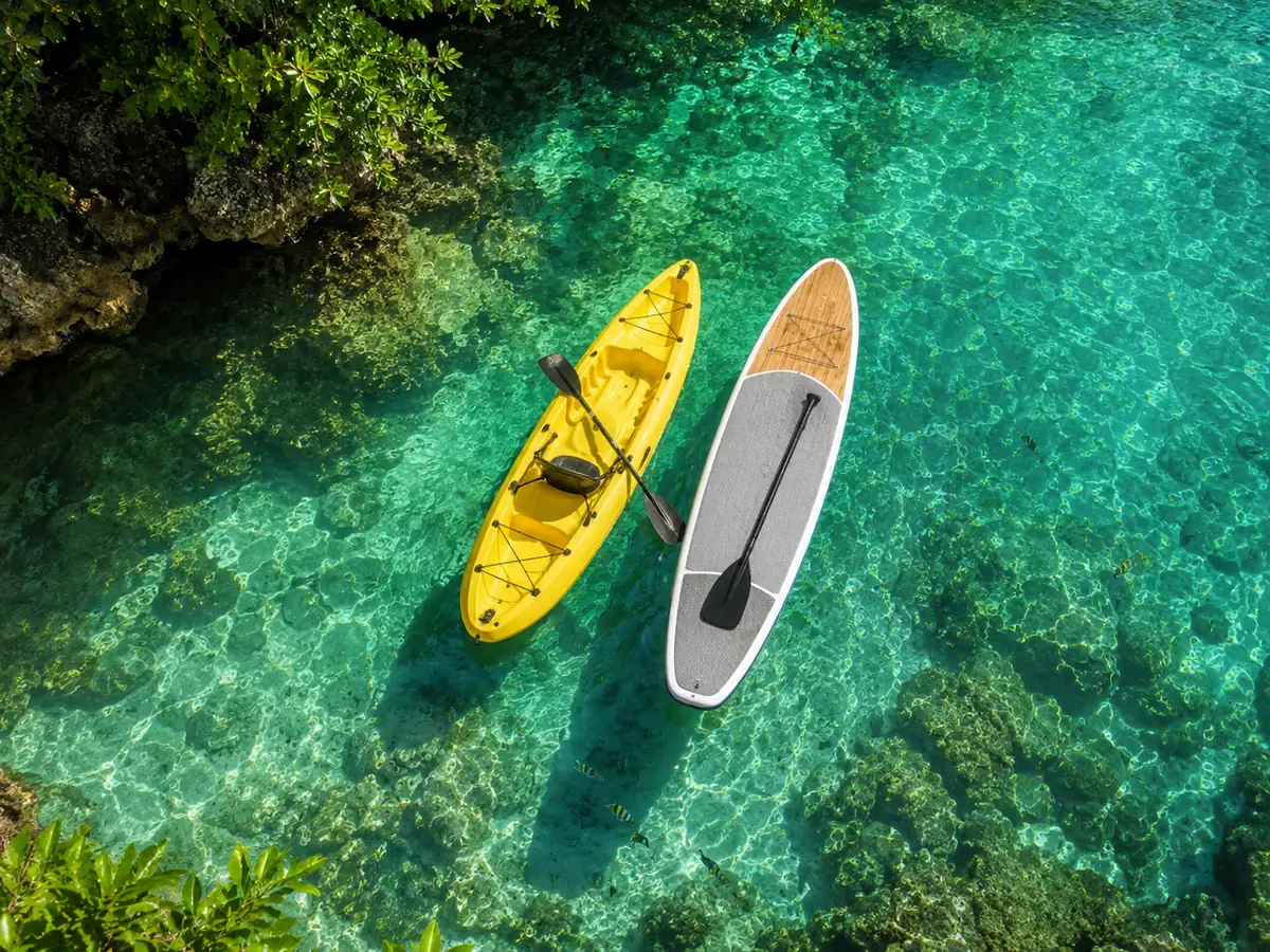 Ein gelbes Kajak und ein Paddleboard auf klarem türkisfarbenem Wasser